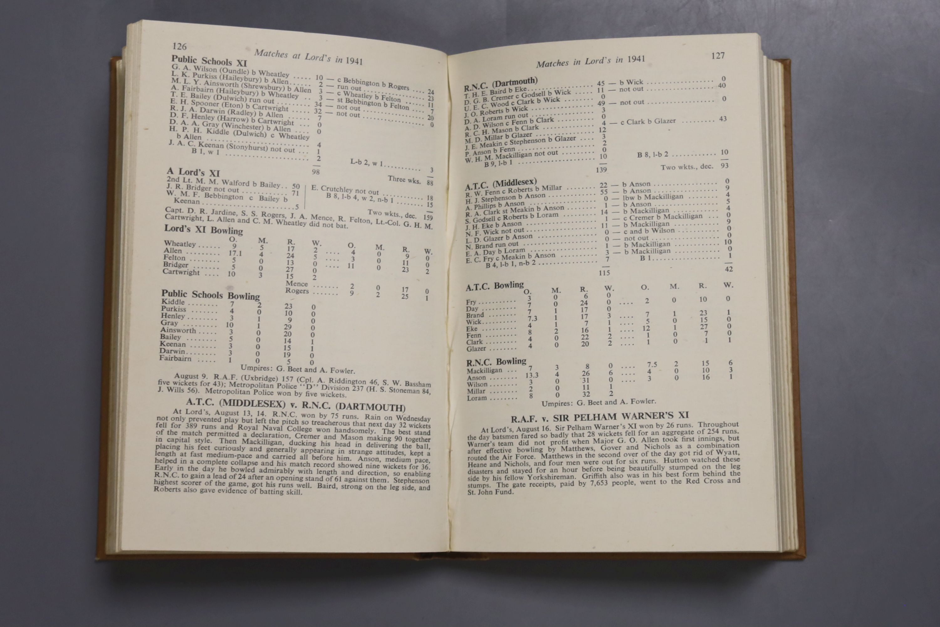 Wisden Cricketers' Almanack, 1942 - pictorial title vignette, photo plates, gilt lettered brown cloth preserving the original pictorial
